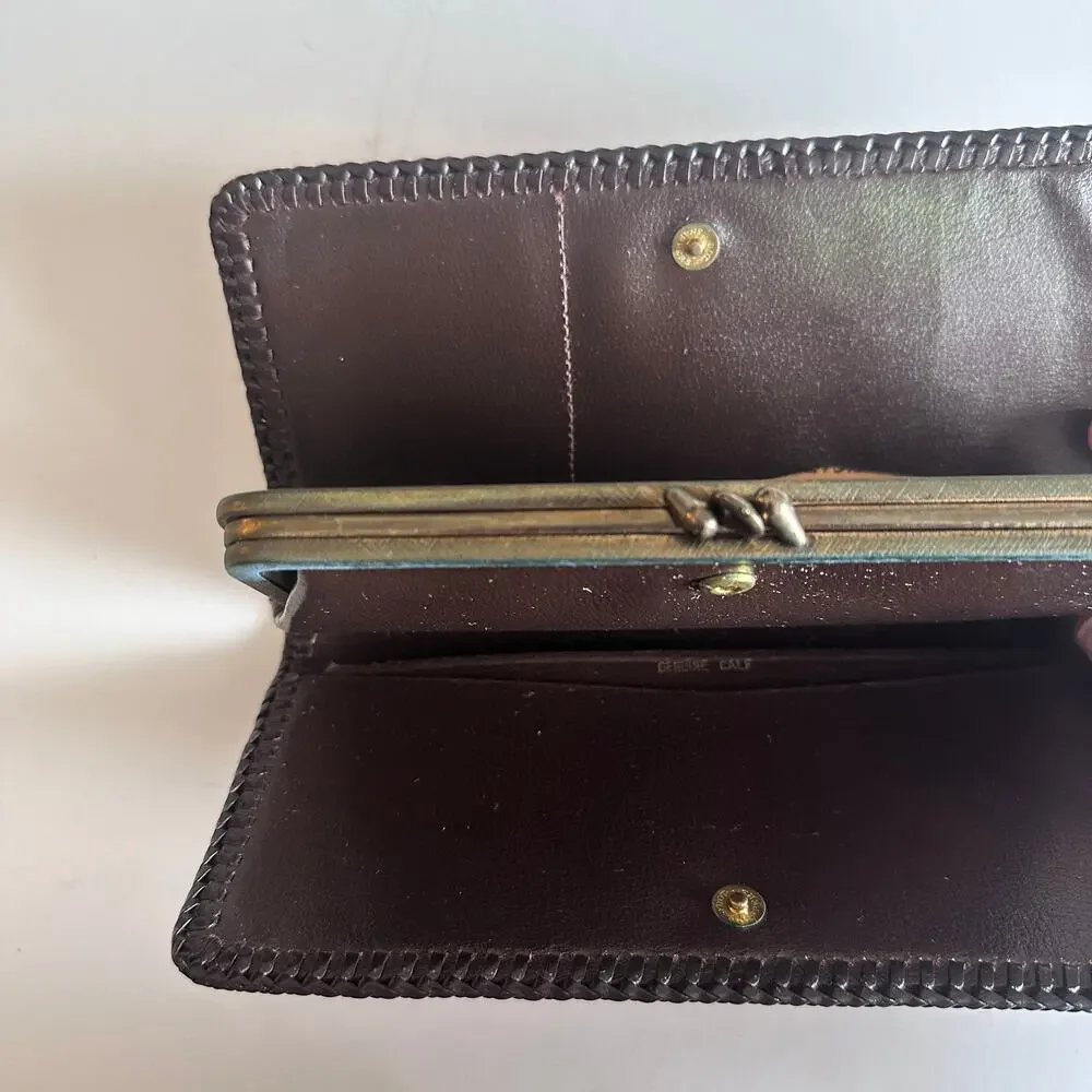 Vintage Brown Calf Leather Whipstitched Wallet with Double Kisslock VTG